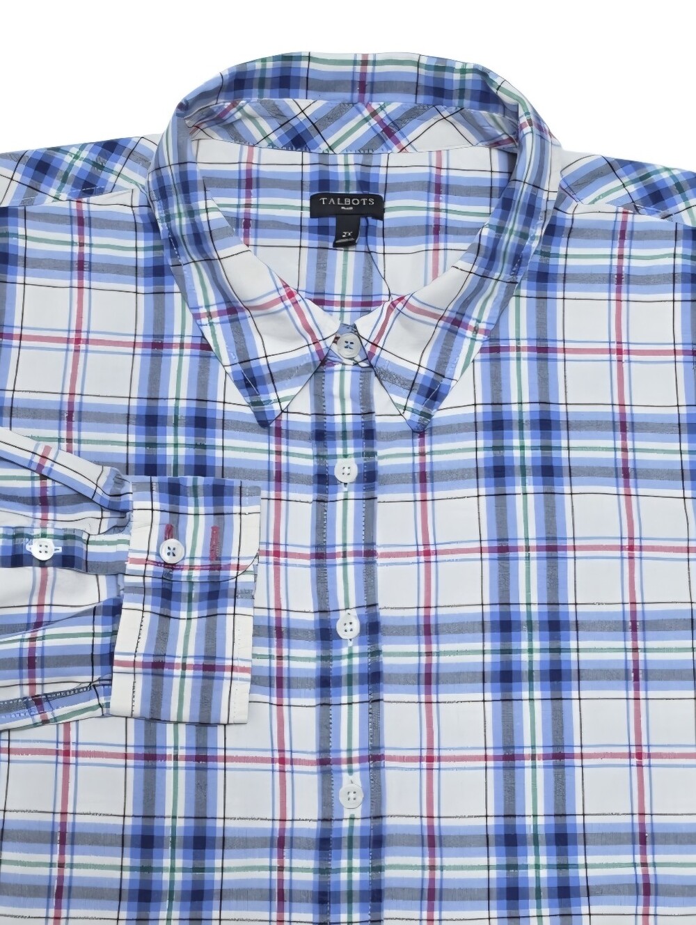 Talbots Plus 2X White Blue Holiday Plaid Flannel Shirt Shimmer Festive Winter
